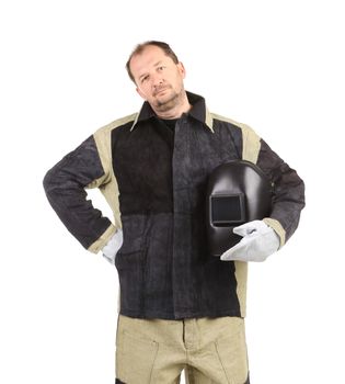 welder man holding welding mask isolated on white background