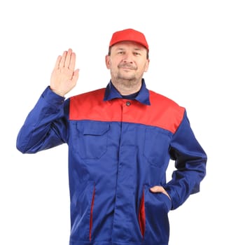Man in blue and red overalls on a white background