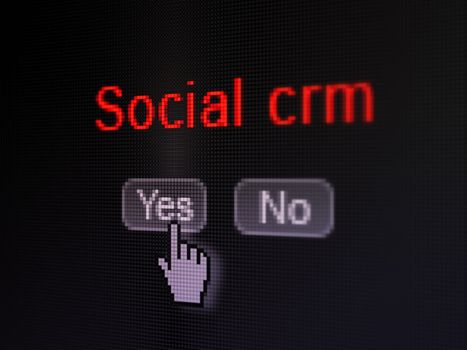 Finance concept: buttons yes and no with pixelated word Social CRM and Hand cursor on digital computer screen, selected focus 3d render