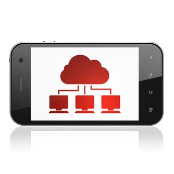 Cloud networking concept: smartphone with Cloud Network icon on display. Mobile smart phone on White background, cell phone 3d render