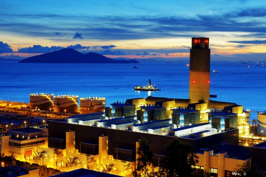 power station at sunset
