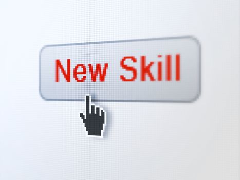 Education concept: pixelated words New Skills on button with Hand cursor on digital computer screen background, selected focus 3d render