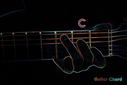 Guitar chord on a dark background, stylized illustration of an X-ray.