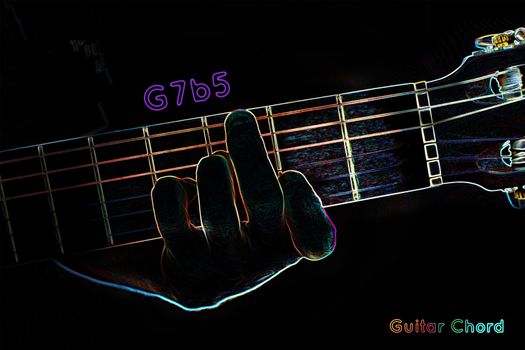 Guitar chord on a dark background, stylized illustration of an X-ray.