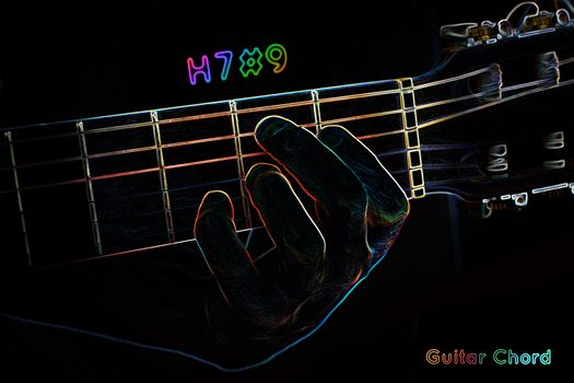 Guitar chord on a dark background, stylized illustration of an X-ray.