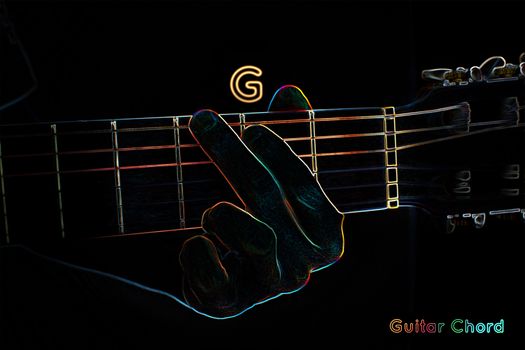 Guitar chord on a dark background, stylized illustration of an X-ray.