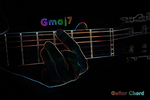 Guitar chord on a dark background, stylized illustration of an X-ray.