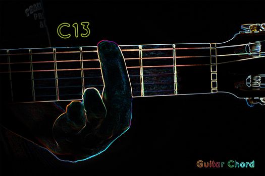 Guitar chord on a dark background, stylized illustration of an X-ray.