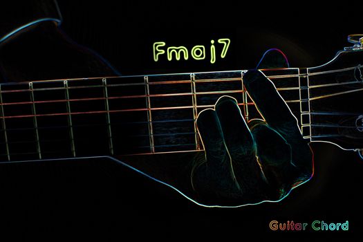 Guitar chord on a dark background, stylized illustration of an X-ray.