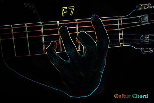 Guitar chord on a dark background, stylized illustration of an X-ray.