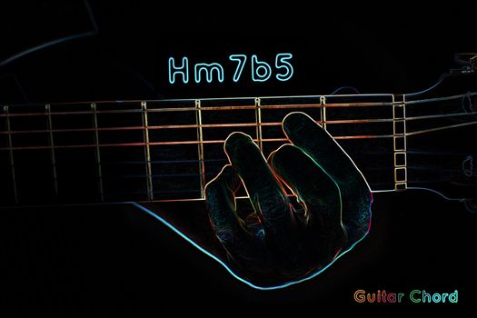 Guitar chord on a dark background, stylized illustration of an X-ray.