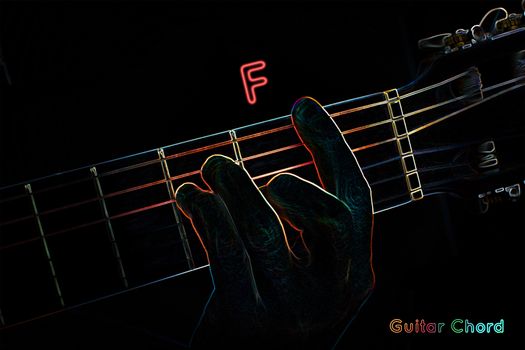 Guitar chord on a dark background, stylized illustration of an X-ray.