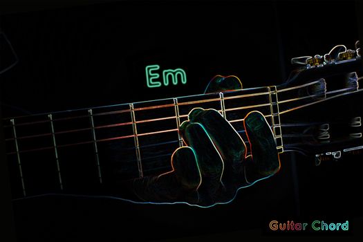 Guitar chord on a dark background, stylized illustration of an X-ray.