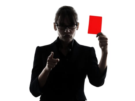 one business woman showing red card silhouette studio isolated on white background
