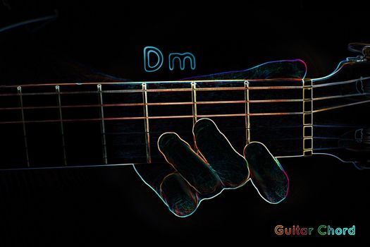 Guitar chord on a dark background, stylized illustration of an X-ray.