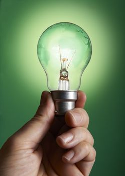 hand holding a bulb with globe on green background