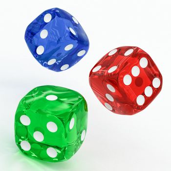 three dices falling on a white background