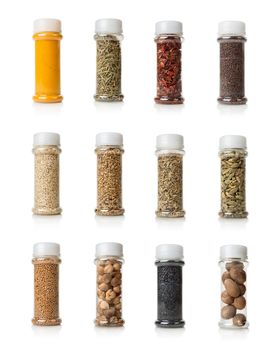 Collage of spices isolated on white background