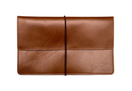 Brown leather clutch bag on a white background