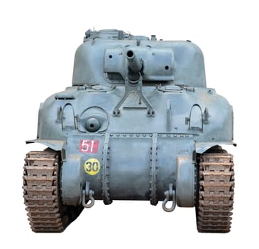 Front of the american Sherman tank from second world war. White background.