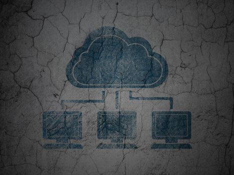 Cloud technology concept: Blue Cloud Network on grunge textured concrete wall background, 3d render