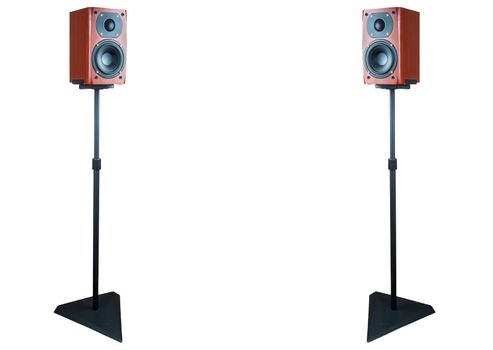 Pair of dark cherry loudspeakers on stands isolated on white background with clipping path