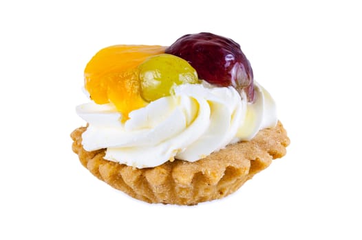 Sweet cupcake with fruits and whipped cream isolated on white background with clipping path