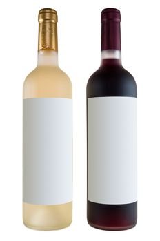 Two bottles of wine, red and white with blank label isolated on white background