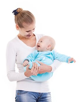 Happy young Caucasian woman and her baby son over white