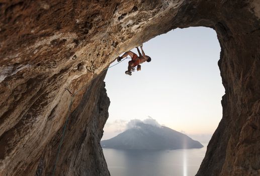 Rock climber on cliff. Kalymnos Island, Greece.