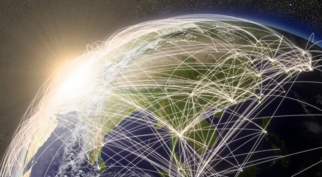 East Asia region with network representing major air traffic routes. Elements of this image furnished by NASA.