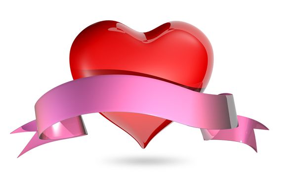 3d illustration symbolic red heart with ribbon on a white background