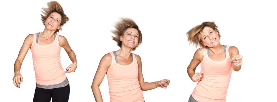 Cute woman dancing on isolated white background