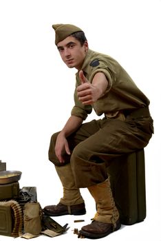 young American soldier in  uniform is ready