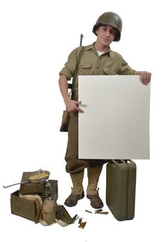 American soldier with M1 helmet shows a signs