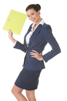 Young business woman holding files. Isolated on white.