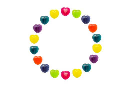 Heart shape confectionery is set in circle style on white background