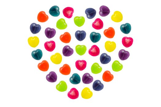 Heart shape confectionery is set in full heart style on white background