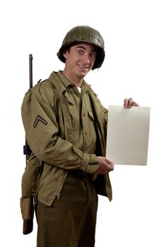 American soldier with M1 helmet shows a signs