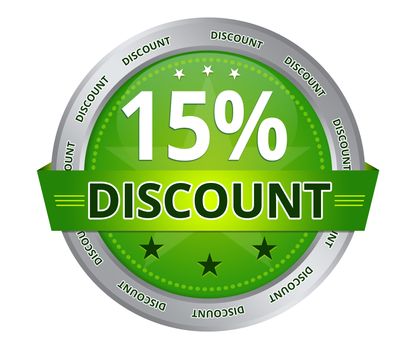 Green 15 percent Discount icon on white background