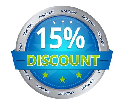 Blue 15 percent discount icon on white background
