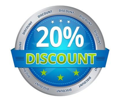 Blue 20 percent discount icon on white background