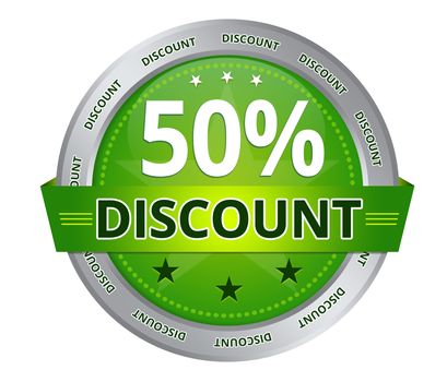 Green 50 percent Discount icon on white background