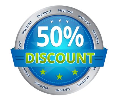 Blue 50 percent discount icon on white background