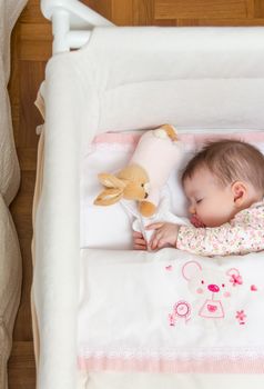 Portrait of cute baby girl sleeping in a cot with pacifier and stuffed toy