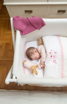 Portrait of cute baby girl sleeping in a cot with pacifier and stuffed toy