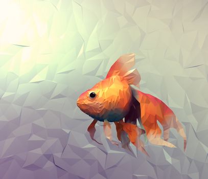 Goldfish modern wallpaper. Triangle mosaic flat surface 3d render computer graphic illustration with golden veil fish in water.