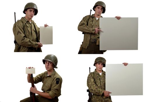 American soldier with his carbine M1 and M1 helmet show sign and letter