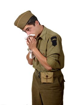 young american soldier cold,he has a handkerchief