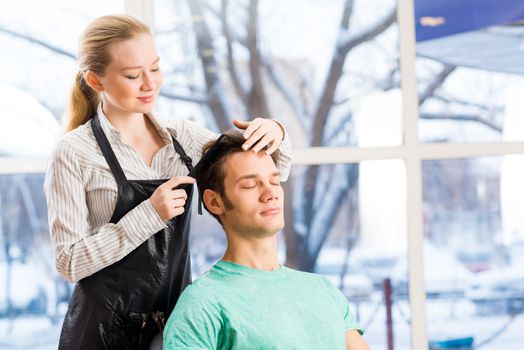 young attractive woman hairdresser hairstyle customer picks